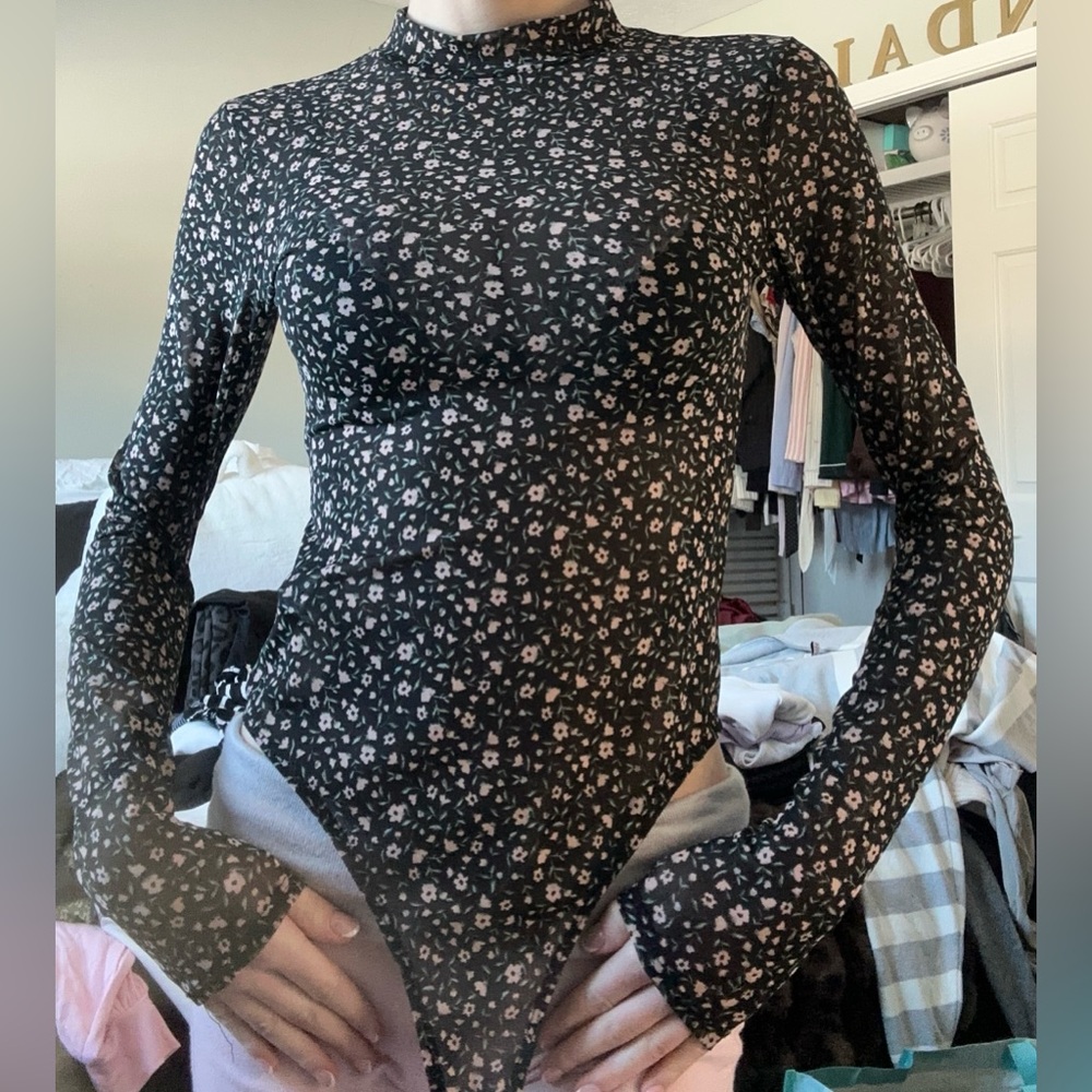 Forever 21 Black and Pink Mesh Floral Bodysuit